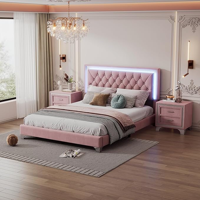 3-Pieces Bedroom Sets, Harper & Bright Designs Queen Size LED Velvet Platform Bed Frame with LED Lights & Tufted Headboard, Wood Slat Support, No Box Spring Needed, Easy Assembly (Pink)