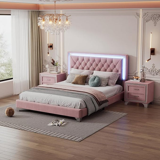 3-Pieces Bedroom Sets, Harper & Bright Designs Queen Size LED Velvet Platform Bed Frame with LED Lights & Tufted Headboard, Wood Slat Support, No Box Spring Needed, Easy Assembly (Pink)