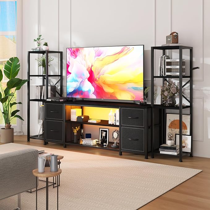Yenlure LED TV Stand Bookshelf Combo with Charging Station for 65 60 55 Inch TV, Entertainment Center with Lights & Drawers, Industrial Media TV Console Table for Living Room Bedroom Office, Black - Image 8