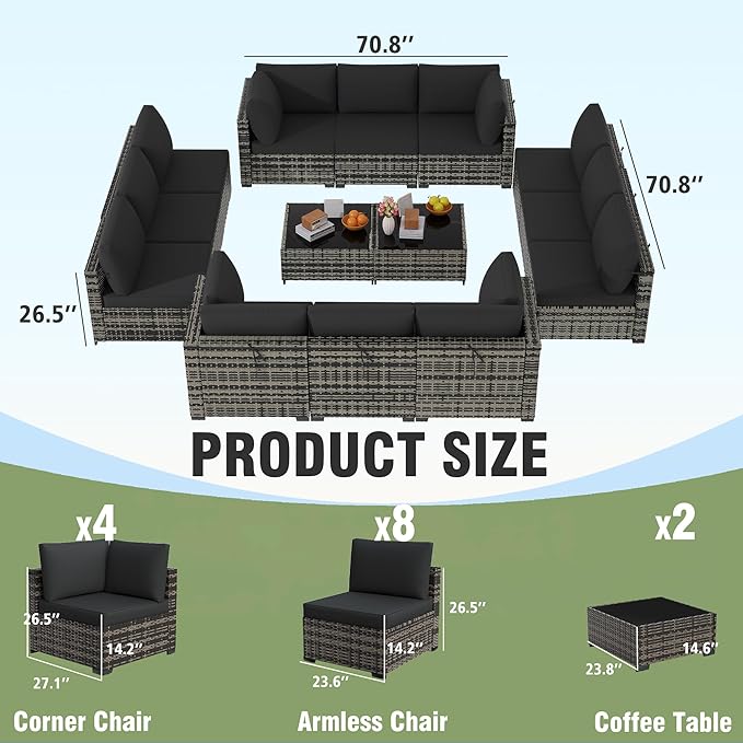 KIGOTY Patio Furniture Set,14 Pieces Modular Outdoor Sectional Sofa, PE Rattan Patio Conversation Set, All Weather Wicker Patio Furniture with Cushions and Coffee Table(Beige Black/Black)