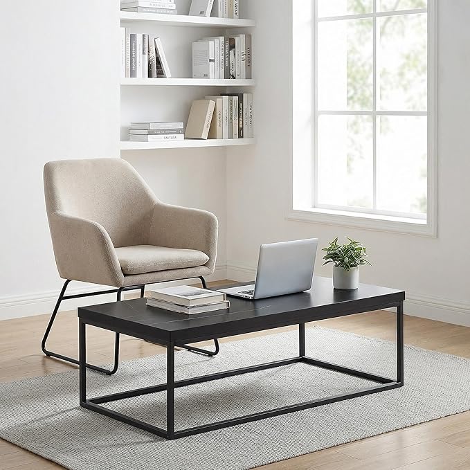 CENSI Modern Black Marble Coffee Table for Living Room - 47" Rectangular Center Table with Extra Thick 1.6" Faux Stone Top & Sturdy Metal Frame, Industrial Cocktail Table, Easy Assembly