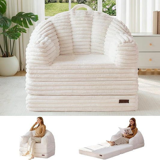 MAXYOYO Folding Sofa Bed, 2 in 1 Convertible Sofa to Lounger Comfy Faux Fur Bean Bag Chair for Adults, Floor Single Sleeper Couch Chair with Handle, Couch Bed for Living Room Bedroom, Beige