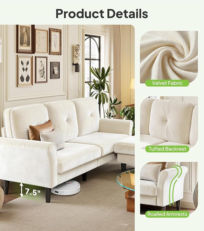 Sofas for Living Room, 83" Velvet Sectional Couch with Moveable Ottoman, Midcentury Modern Small Sectional Couch, L Shape Sofa & 2 Seater, Couches for Living Room, Apartment, Bedroom