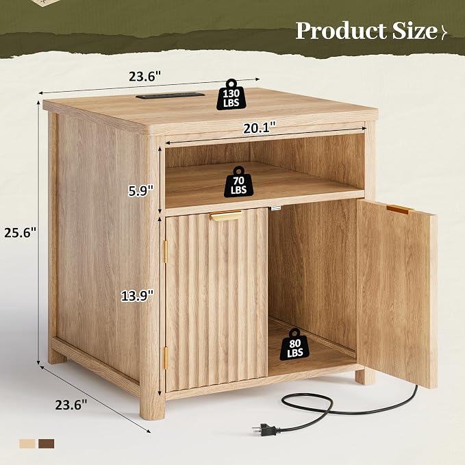 Homkdom Fluted Nightstand with Charging Stations, 23.6" Wide Natural Oak Nightstand with Storage Drawers, Side Tables, Modern Farmhouse End Tables for Bedroom, Natural Oak - Image 2