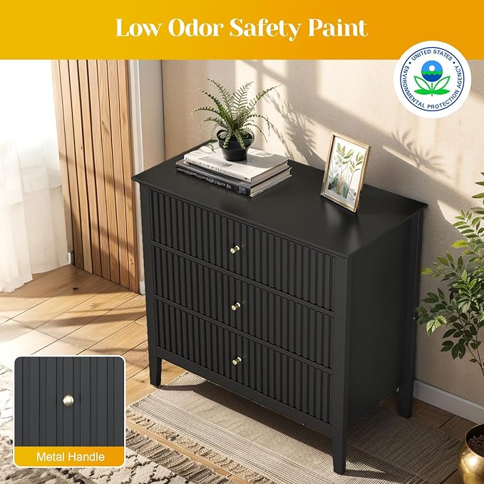 May in Color Large Black Fluted 3 Drawer Dresser Set of 2, Chest of Drawers with Ball Bearing Slide Modern 30 inch Tall Wood Nightstand with Spacious Storage for Bedroom Hallway Living Room Entryway - Image 6