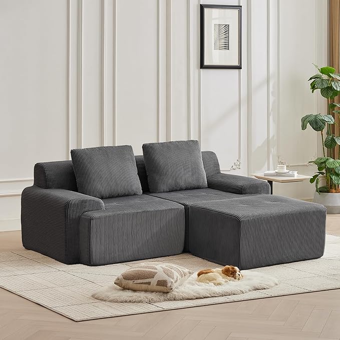 Modular Sectional Sofa with Movable Ottoman, 2 Seat Deep Seat Couch with 2 Pillow, Comfy Cloud Sectional Sofa for Living Room, Bedroom and Apartment (Grey, 1 Left+1 Right+1 Ottoman)