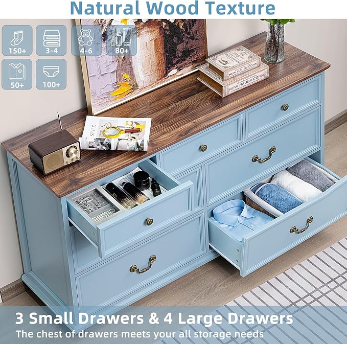 Joaxswe Farmhouse 54" 7 Drawers Dresser for Bedroom, Wide Wood Chest of Drawers w/ 4 Wooden Legs, Vintage Large Storage Dressers Organizer for Hallway, Rustic TV Stand for Living Room, Light Blue - Image 6