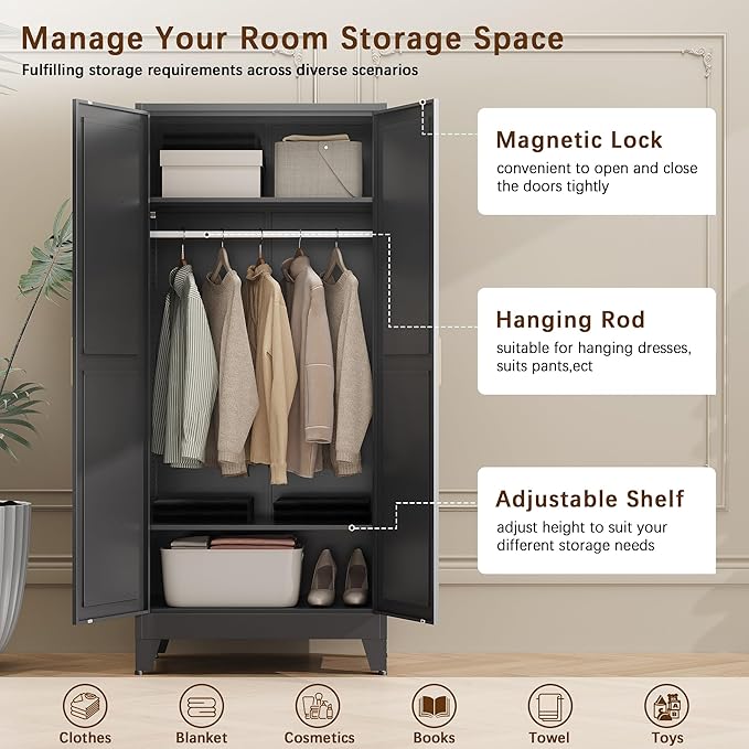 71" Tall Metal Armoire Wardrobe Closet, Clothing Storage Cabinet, Freestanding Wardrobe Cabinet with 2 Adjustable Shelves for Bedroom, Office, Garage