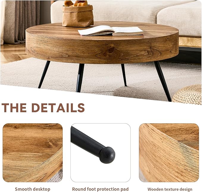 Round Coffee Table, Small Wood Coffee Table with Storage, Modern Mid Century Circle Tables Accent Center Tables for Living Room Apartment Small Space (31.5''D-Brown)