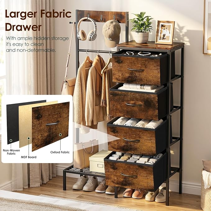 Lewondr Dresser with Hanging Rack and Storage Drawers, 4 Drawer Chest with Hooks and Hat Rack, Rustic Entryway Organizer for Clothes, Bags, Shoes and Accessories, Brown Wood Finish - Image 6