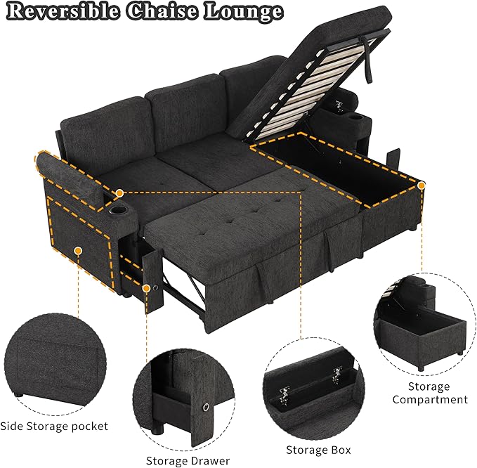 Eafurn 83.5" Sleeper Sectional Sofa with Pull Out Couch Bed, Convertible L-Shaped Sofa with Storage Chaise, Quick Assemble Sleeper Corner Sofa with Cup Holders & USB Ports