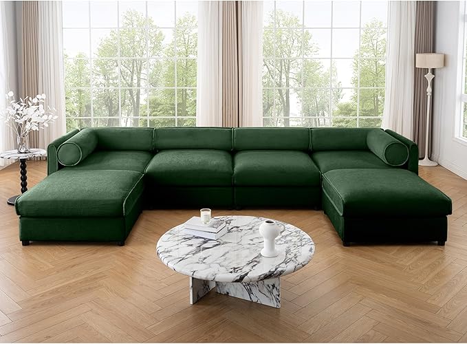 KEIKI 143" U-Shaped Modular Chenille Sectional Sofa with Storage Seat, 2 Ottoman, 4-Seater Couch with Cylindrical Backrest and Armrests, Easy Assembly, for Apartment, Living Room, Green