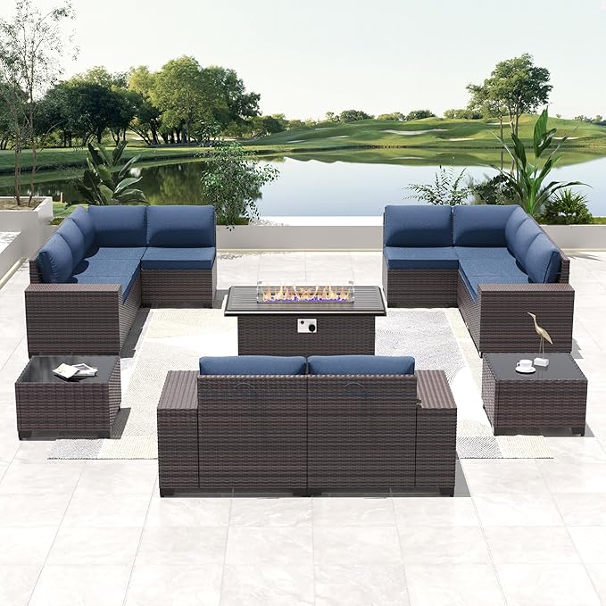 13 PCS Outdoor Patio Furniture Set,Outdoor Sectional Furniture with 43" 55000 BTU Gas Propane Fire Pit Table,All Weather PE Rattan Wicker Patio Conversation Set,Navy Blue