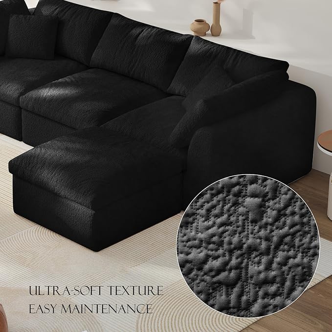 Modular Sectional Sofa Boneless Cloud Couch for Living Room, U Shape Deep Seat Recliner Sofa with Ottoman, Adjustable Backrest & 2 Throw Pillows - Covers Washable, (Black, 6 Seater+2 Ottoman)