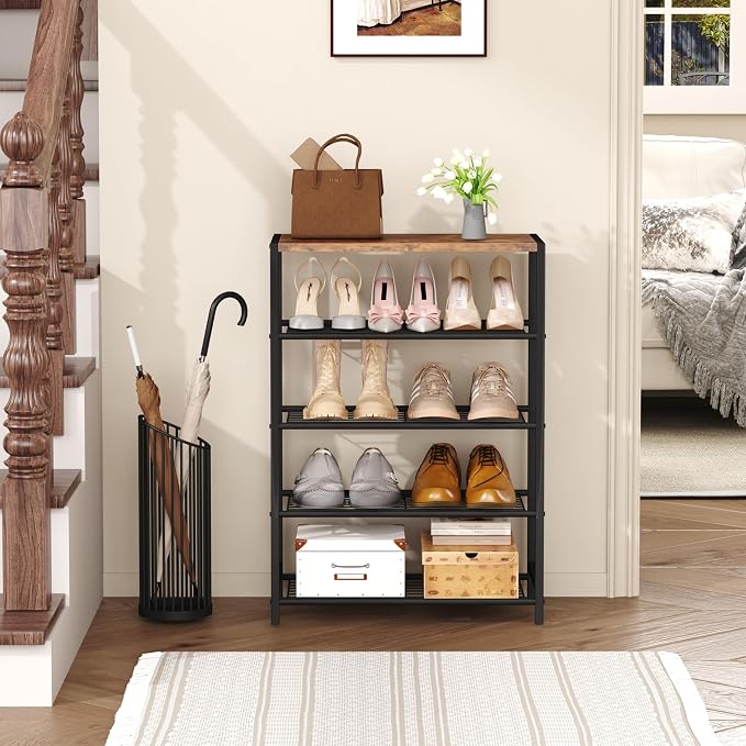 HOMEFORT 5-Tier Shoe Rack, Shoe Storage Shelf with MDF Top Board, Shoe Rack Organizer, Each Tier Fits 3 Pairs, Entryway Shoe Stand with Sturdy Shelves, Rustic Brown - Image 2
