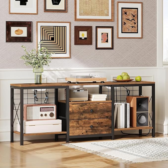 YATINEY TV Stand with Power Outlet Up to 60 Inch, Entertainment Center with 2 Fabric Drawers, TV Console Table with Open Storage Shelves for TVs, Cable Management, for Living Room, Bedroom, DS14UBRY1 - Image 6