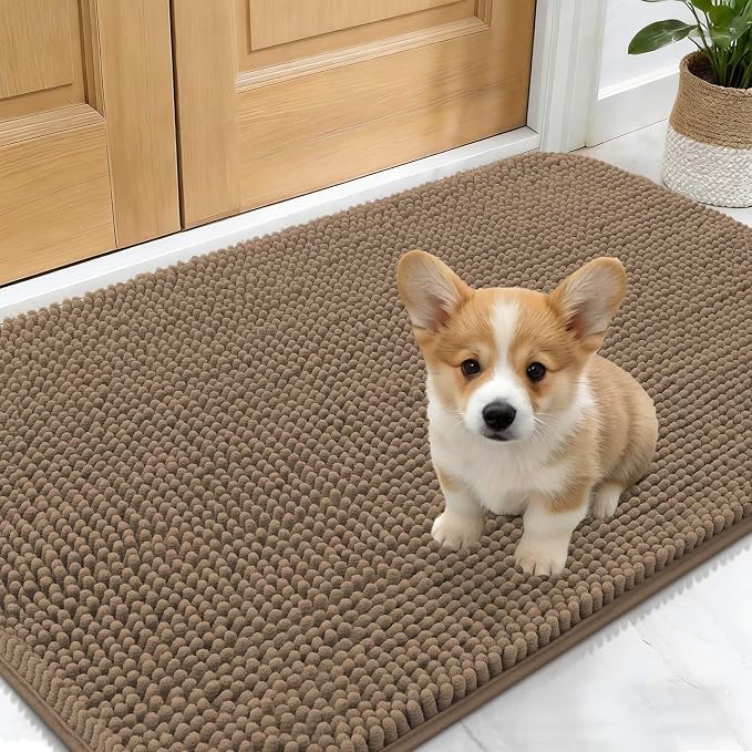 OLANLY Dog Door Mat for Muddy Paws 30x17, Absorbs Moisture and Dirt, Absorbent Non-Slip Washable Doormat, Quick Dry Chenille Mud Mat for Dogs, Entry Indoor Entryway Carpet for Inside Floor, Tan by OLANLY