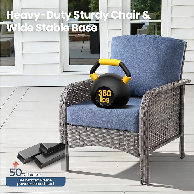 Weaxty Wicker Patio Furniture Set High Back Loveseat Sofa Couch Armchair Coffee Table, All Weather Rattan 4 Pieces Outdoor Conversation Sets for Patio Porch Deck Backyard Poolside, Denim Blue