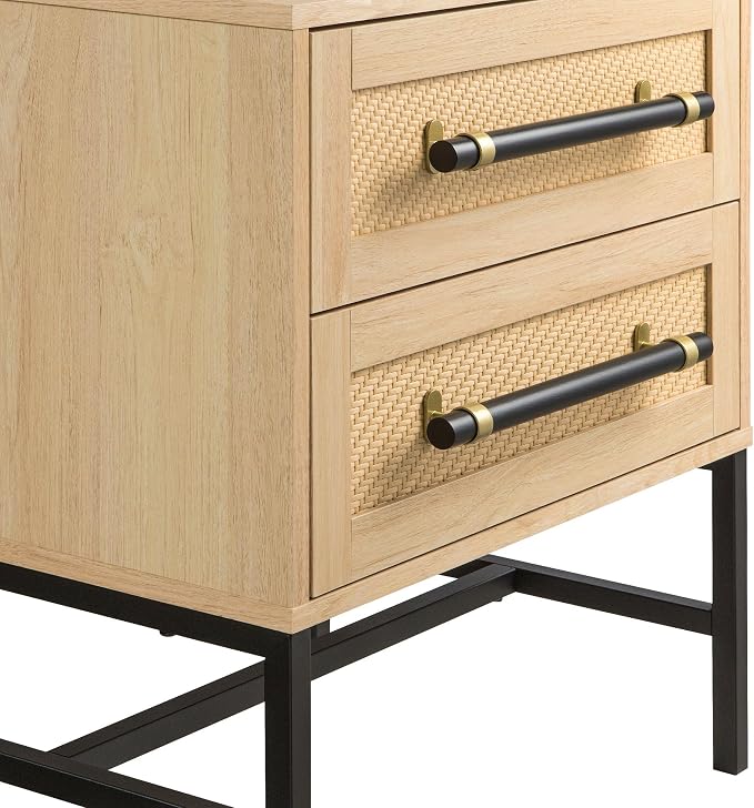 Sophia 2-Drawer Nightstand in Natural Oak Look with Rattan Panels and Minimalist Black Metal Frame- Perfect Bedroom Storage for Small Spaces, Large Suites, or Living Rooms - Image 6