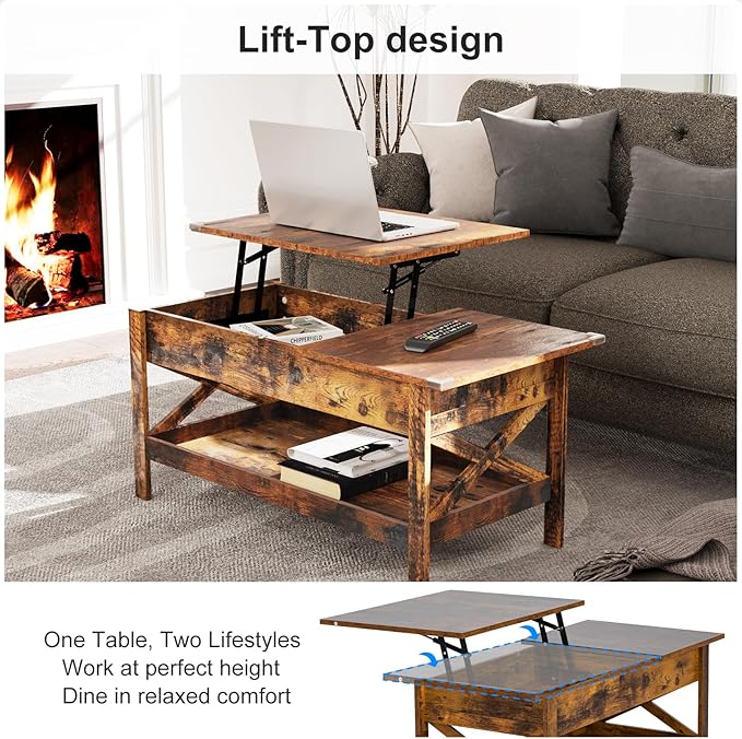 Lift Top Coffee Table with Storage, Small Coffee Table with Hidden Compartment, Dining Center Tables with Lifting Tabletop for Living Room, Home Office