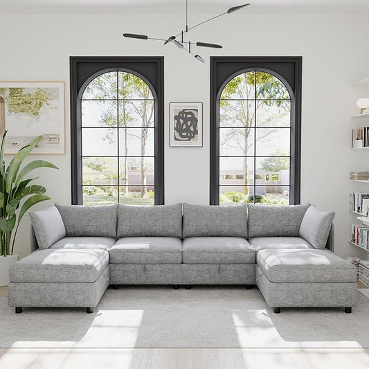 Oversized Modular Storage Sectional Sofa Customizable Seating Group Sofa&Couch Convertible Sleeper Sofabed with Movable Ottomans and Seat, U-Shaped Chenille Upholstered Sofa Couch for Living Room