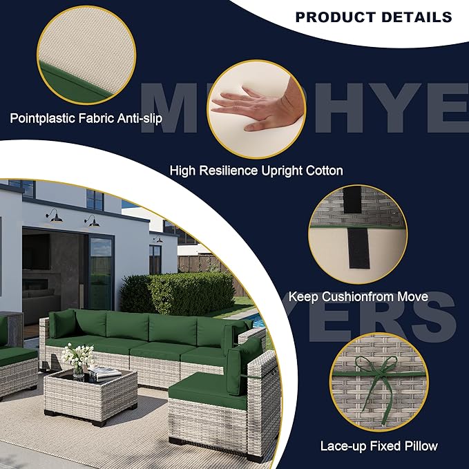 13-Piece Outdoor Patio Furniture Set with Rocking Swivel Chair, Wicker Rattan Sectional Sofa Conversation Set with Tempered Glass Table, Backyard Furniture, Green