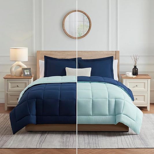 Nestl 3 Piece Quilted Down Alternative Comforter Queen Size With 2 Pillow Shams - All Season Blue/Light Blue Duvet Insert With Corner Tabs