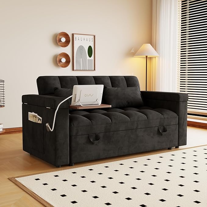 Convertible Sofa Bed, 5-in-1 Pull Out Couch with Side Table, Loveseat Sleeper Sofas Bed Couch with USB Port, 65‘’ Velvet Pull Out Sofa Beds for Living Room, Bedroom, Apartment