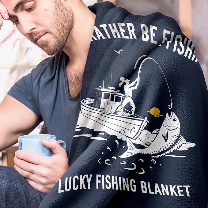 Fishing Gifts for Men, Flannel Soft Lucky Fish Blanket Decor, Fishermen Gifts for Men Boys Accessories, I’d Rather Be Fishing - 50" x 60"