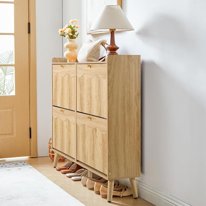 BERRYMERRY 47.2” Shoe Storage Cabinet for Entryway with 4 Flip Drawers, Narrow Shoe Organizer with Wave&Fluted Panel, Freestanding Wood Hidden Shoe Cabinet for Hallway - Image 3
