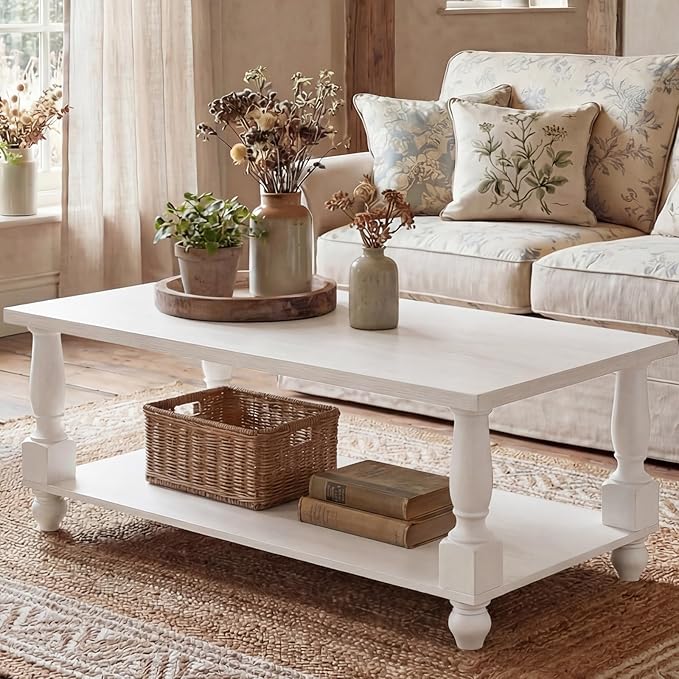 Homieasy Farmhouse Coffee Table with Storage, 47" Rectangular Living Room Center Table with Solid Wood Legs and Thickened Top, 2-Tier Wood Coffee Table with Turned Legs, Easy Assembly, White