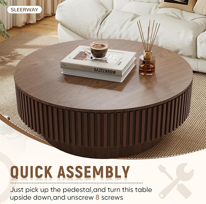 39.37'' Round Coffee Table with Storage, Modern Wooden Fluted Circle Coffee Table Unique Drum Center Table Wood Circular Tea Table for Living Room, Office, Small Apartment, Walnut