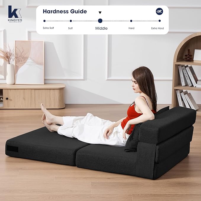 KINGYES 3 in 1 Foldable Chair Bed, Folding Sleeper Chair with Back Cushion, Convertible Chair Bed Sleeper for Adults, Black