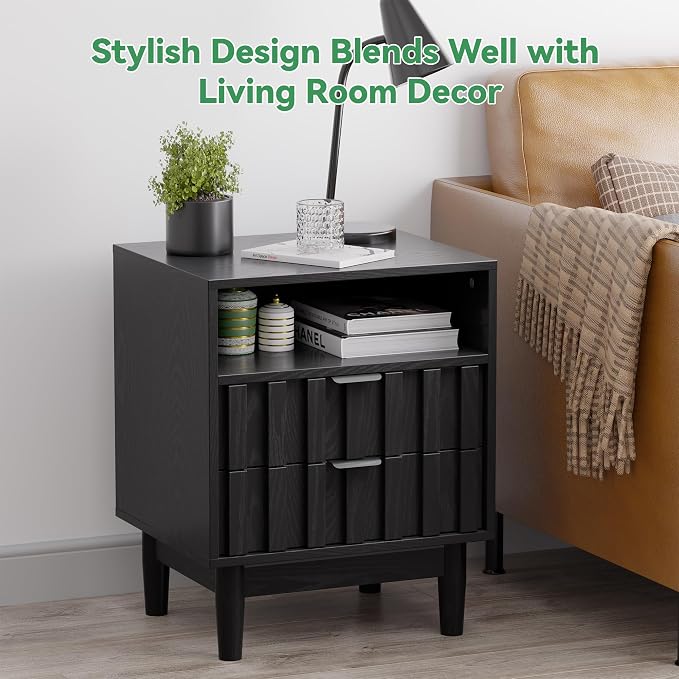 Fluted Nightstand, 19" Wide Night Stand with Solid Wood Legs, Open Storage Shelf, Mid Century Modern Wooden Bedside Table for Bedroom, Bed End Side Table, Black - Image 6