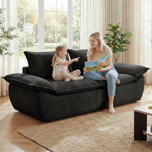 59" Boneless Loveseat Sofa, 2-Seater Black Boneless Sofa with Removable Cushions & 2 Pillows, Small Couch Boneless Compress Foam Sofa for Living Room, Apartments, & Office