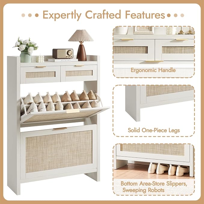 HOKYHOKY Rattan Shoe Storage Cabinet with 2 Drawers & 2 Flip Drawers – Hidden Slim Shoe Organizer for Entryway, Large Tabletop Space, Farmhouse Boho Narrow Shoe Rack, Rustic White - Image 7