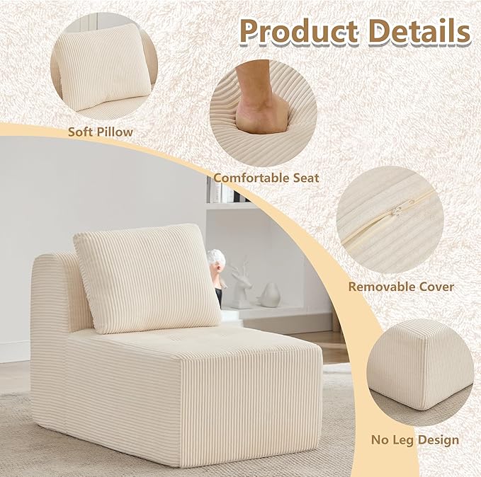 KIGOTY Modular Sectional Sofa, Comfy Cloud Sectional Couch, Armless Boneless Couch for Living Room, No Assembly Required,White