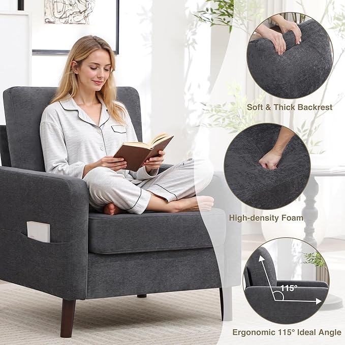 Accent Chair for Living Room, Modern Reading Chair for Bedroom, Upholstered Armchair with Wood Legs and Side Pockets, Single Sofa Side Chair for Office, Small Room, Apartment, Dark Grey