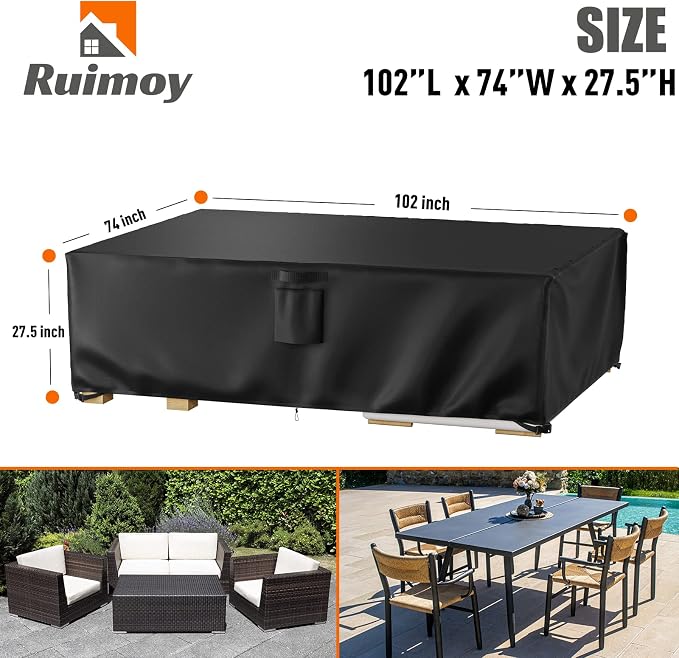 Ruimoy Patio Furniture Covers, Outdoor Furniture Cover Waterproof, General Purpose, Outside Table and Chair Covers, Heavy Duty 600D (102 Inch L x 74 Inch W x 27.5 Inch H) - Image 2