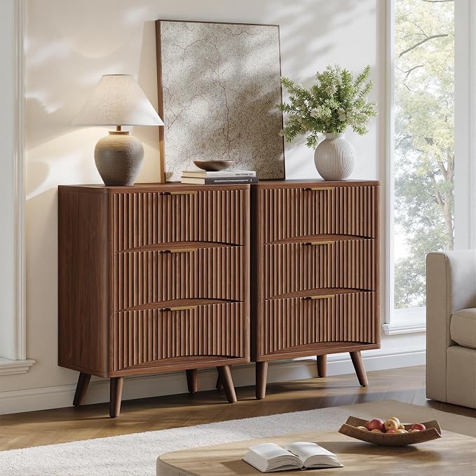 Evermagin 29'' Tall Fluted Nightstand, Walnut Night Stand with 3 Drawers, Wooden Bedside Table, Mid Century Modern Side Table for Bedroom - Image 4
