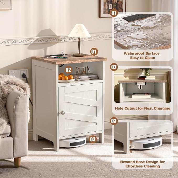 Nightstand with Charging Station, Farmhouse Night Stand Bedside Table with Open Shelf & Enclosed Cabinet, Wooden End Table with USB Ports & Outlets for Bedroom - Image 6