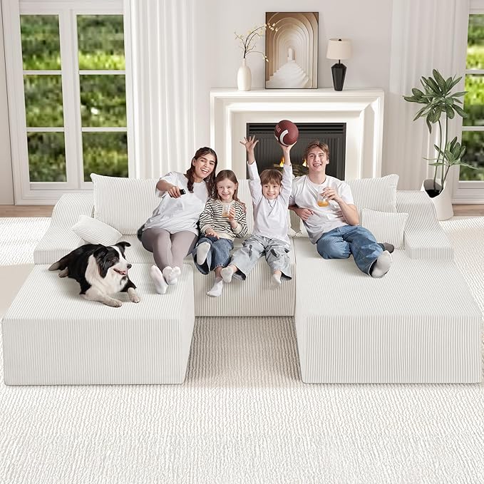 HABUTWAY 94“ U Shaped Modular Sectional Couch for Living Room, Modular Cloud Sofa with Ottoman, No Assembly Boneless Couches with Deep Seat, Corduroy Fabric (Beige, Right Facing)