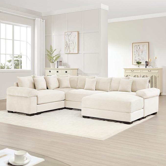 KEIKI 117" U-Shaped Oversized Corduroy Modular Cloud Sectional Sofa with 1 Ottoman, High-Density Foam Cushion, Extra-Thick Armrest, 4-Seater Fluffy Corner Couch with 14 Pillow, for Living Room, Beige
