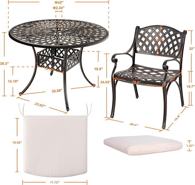 NUU GARDEN 5 Piece Outdoor Patio Dining Set with Beige Cushions, Cast Aluminum Round Dining Table with Umbrella Hole and Patio Dining Chairs for Garden, Balcony, Black with Bronze Edge - Image 2