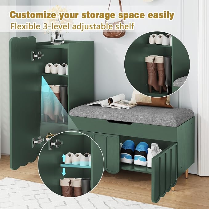 3More Shoe Organizer Cabinet,Entryway Bench with Adjustable Shelves and Cushioned Seat,Unique L-Shaped Bench Cabinet for Entryway, Hallway, Living Room - Image 5
