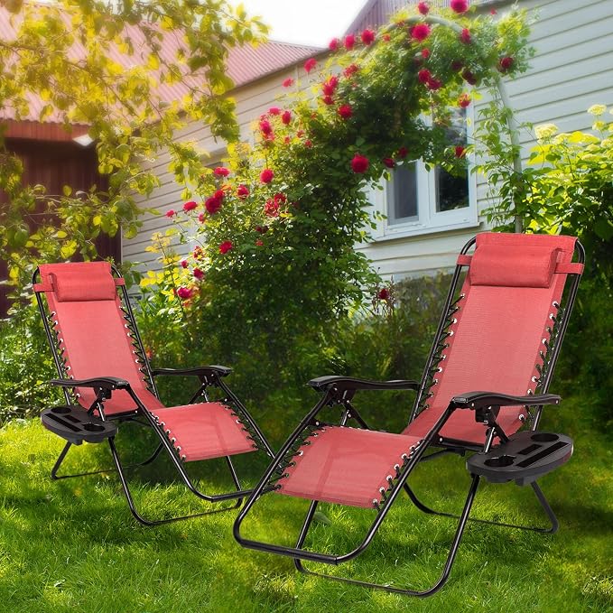Nazhura Set of 2 Relaxing Recliners Patio Chairs Adjustable Steel Mesh Zero Gravity Lounge Chair Beach Chairs with Pillow and Cup Holder Khaki (Pink) - Image 2