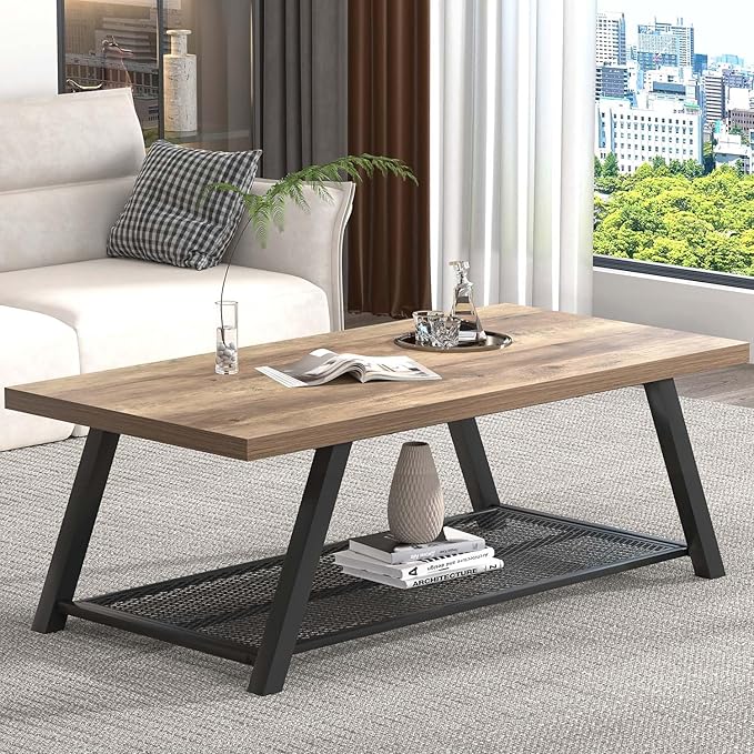 FOLUBAN Coffee Table with Storage, Modern Rustic Wood and Metal Coffee Tables for Living Room, Industrial 2-Tier Center Tea Cocktail Table, Oak, 47 Inch