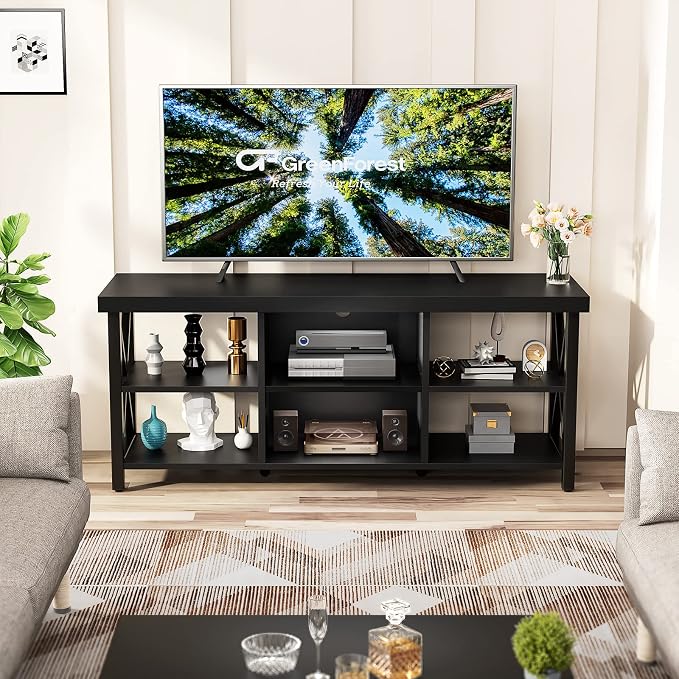 GreenForest TV Stand for TV up to 65 inches, Entertainment Center with 6 Storage Cabinet for Living Room, 55 inch Farmhouse Television Stands Console Table, Industrial TV stands for Living Room, Black - Image 2