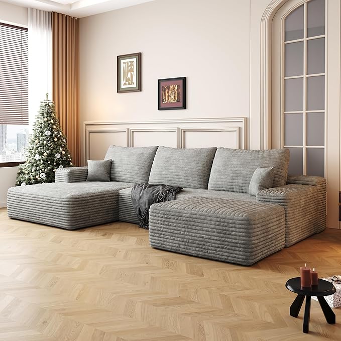 108" Cloud Modular Sectional Sofa Couch with Ottoman and L-Shape Chaise, Minimalist Upholstered Compressed Couches,Deep Seat Floor Sofa Couch,No Assembly Required