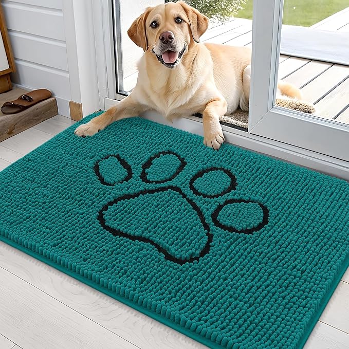 OLANLY Dog Door Mat for Muddy Paws 36x24, Paw Print Design, Absorbs Moisture and Dirt, Absorbent Non-Slip Washable Doormat, Quick Dry Chenille Mud Mat for Dogs, Entry Indoor Entryway Carpet, Lake Blue by OLANLY